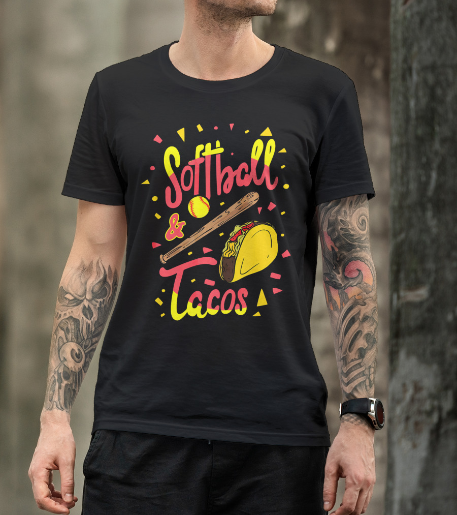 Softball And Tacos Funny Taco And Mexican Softball Bat And Ball Icons T-Shirt