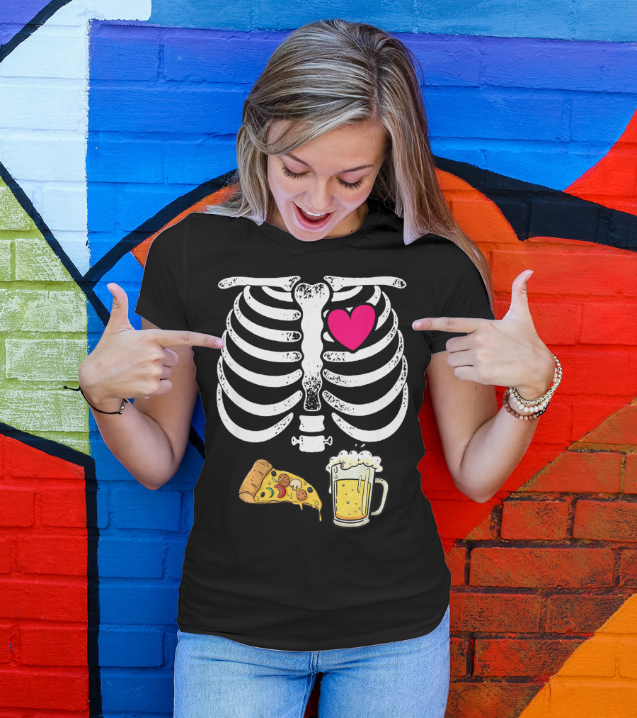 Skeleton Heart Pizza And Beer Xray T-Shirt