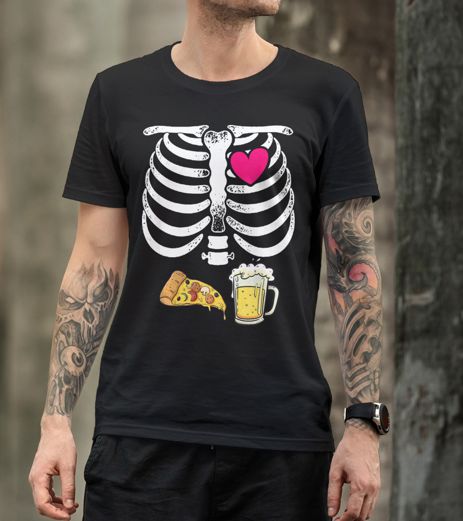Skeleton Heart Pizza And Beer Xray T-Shirt