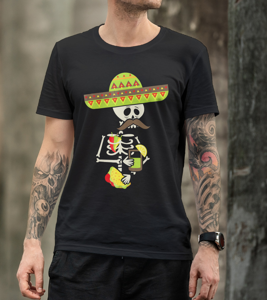 Mexican Skeleton Sombrero Holding Tequila Chili Tacos T-Shirt