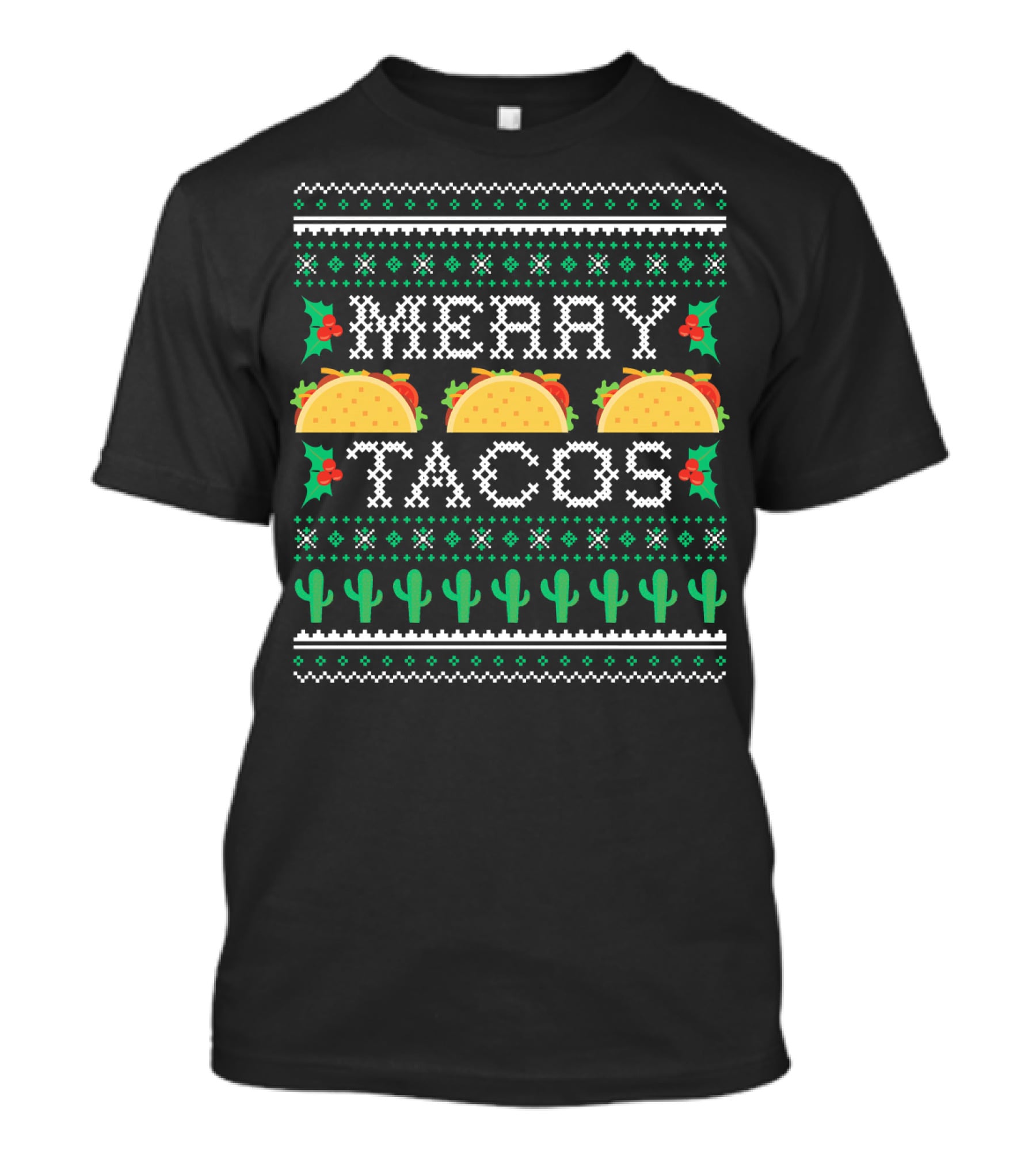 Merry Tacos Ugly Christmas Cactus Holly T-Shirt