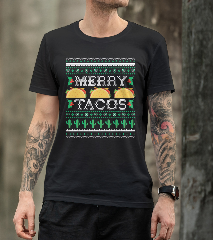 Merry Tacos Ugly Christmas Cactus Holly T-Shirt