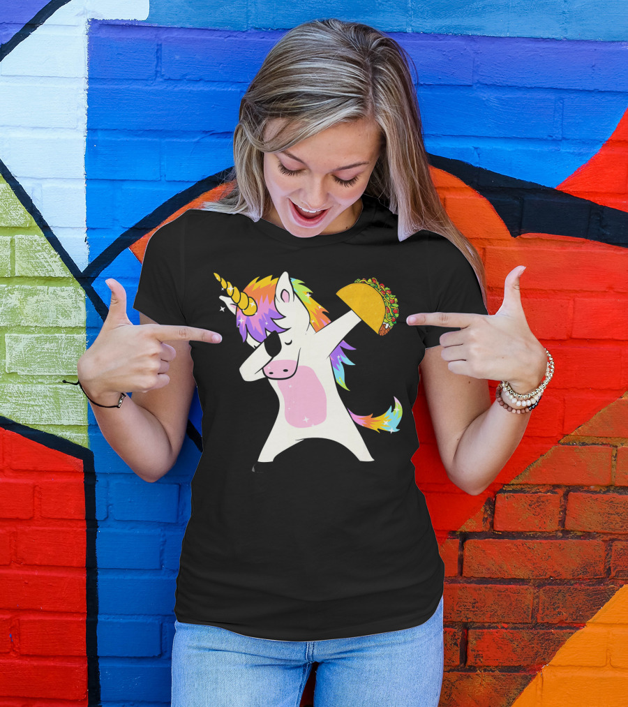 Dabbing Rainbow Unicorn Holding Taco Funny Cinco T-Shirt