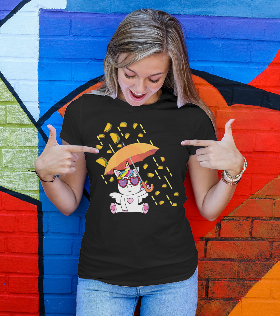 Its Raining Tacos Funny Unicorn With Umbrella And Sunglasses T-Shirt