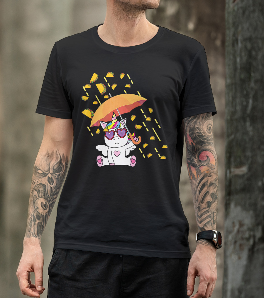 Its Raining Tacos Funny Unicorn With Umbrella And Sunglasses T-Shirt