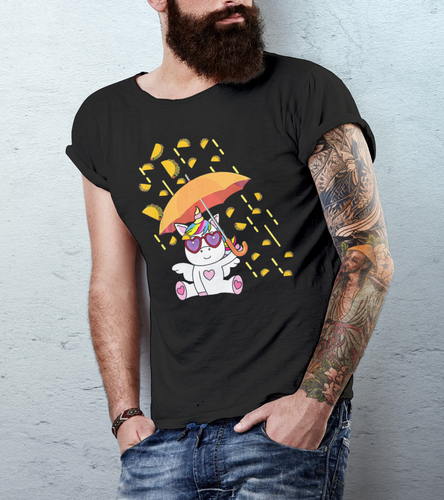 Its Raining Tacos Funny Unicorn With Umbrella And Sunglasses T-Shirt