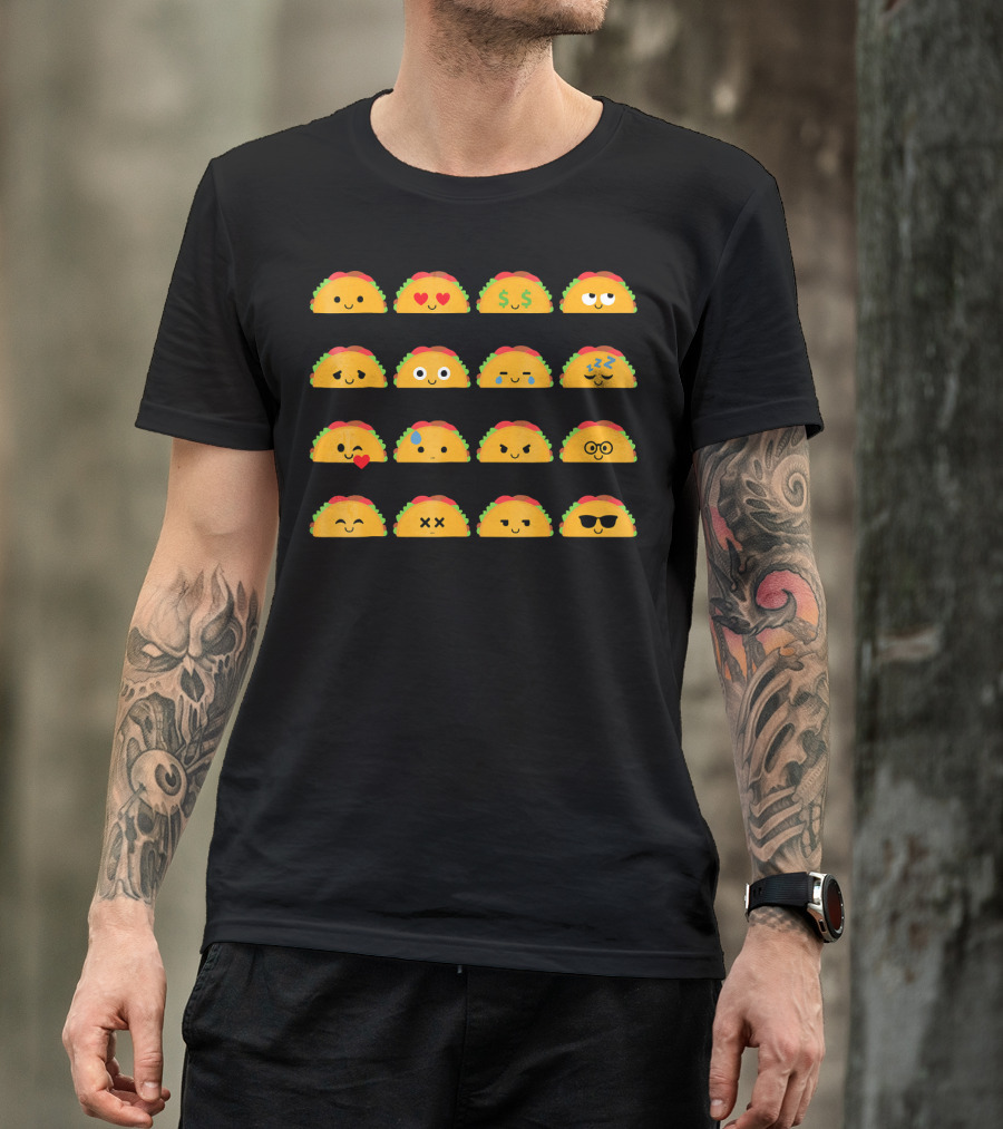 Taco Emoji Faces With Heart Eyes, Money, Glasses, Sunglasses, And Sleepy Expressions T-Shirt