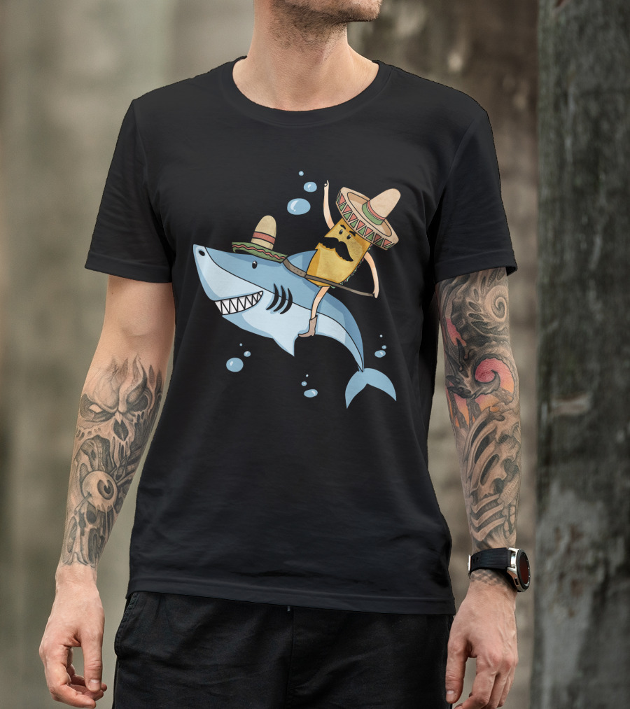Taco Guy Riding Sombrero Shark Funny Mexican Style Long T-Shirt