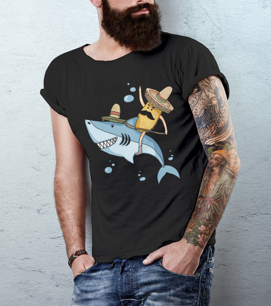 Taco Guy Riding Sombrero Shark Funny Mexican Style Long T-Shirt