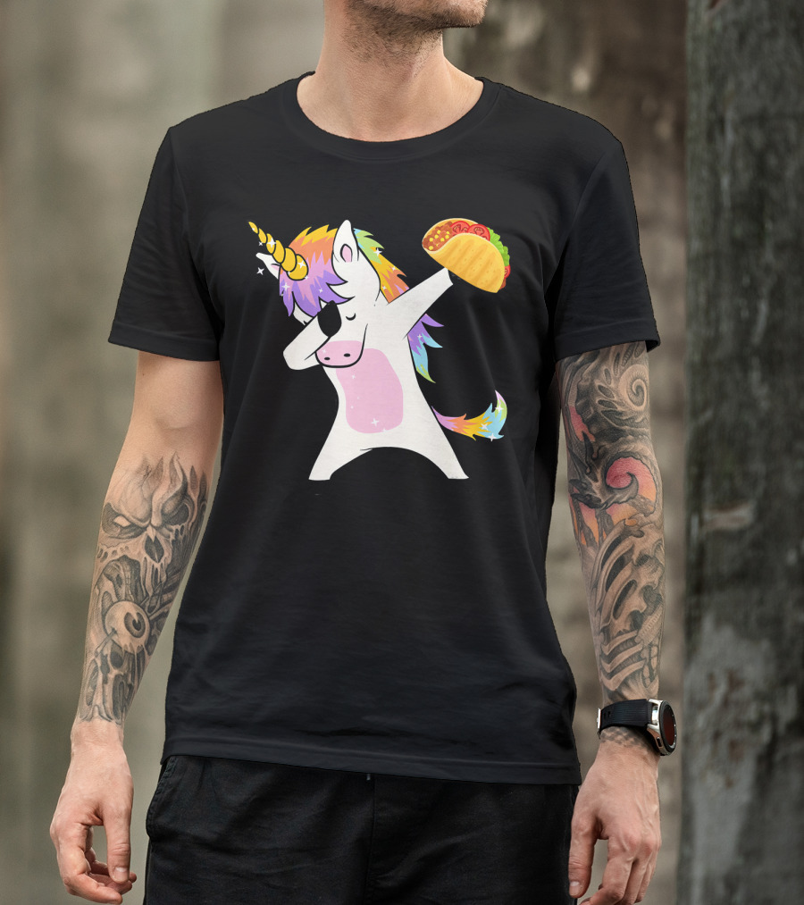 Unicorn Dabbing With Taco And Rainbow Mane T-Shirt
