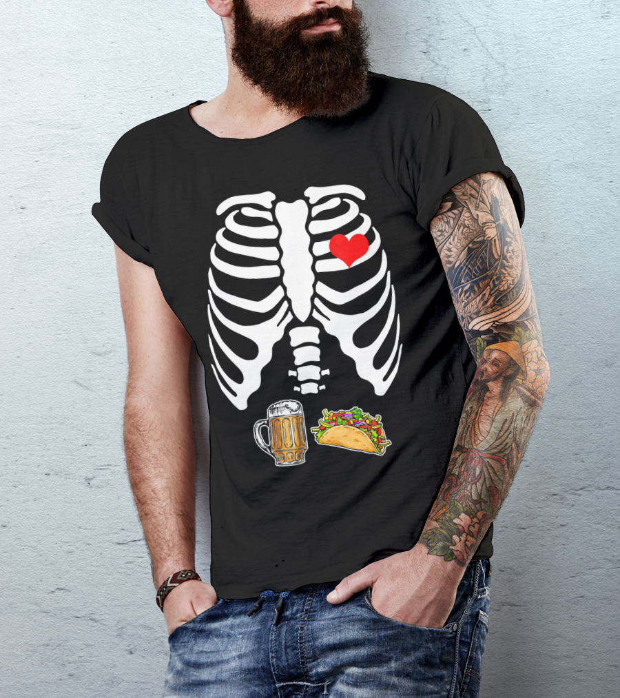 Pregnant Skeleton With Heart, Tacos, And Beer T-Shirt