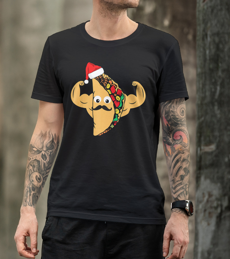 Funny Taco With Santa Hat And Mustache Flexing Muscles Family T-Shirt