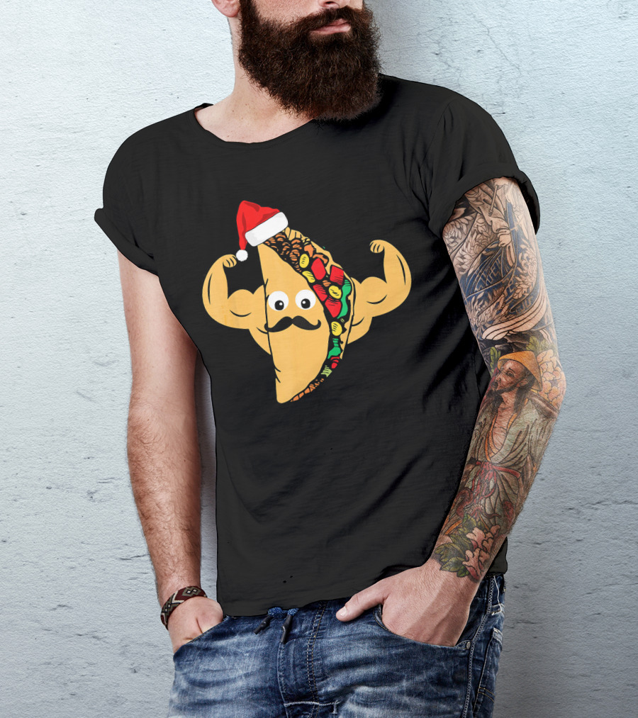 Funny Taco With Santa Hat And Mustache Flexing Muscles Family T-Shirt