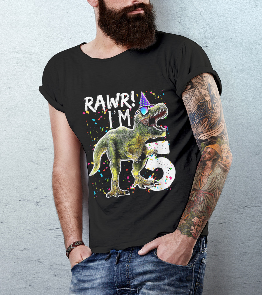 Rawr I'm 5 Dinosaur Birthday Party Hat Confetti T-Shirt