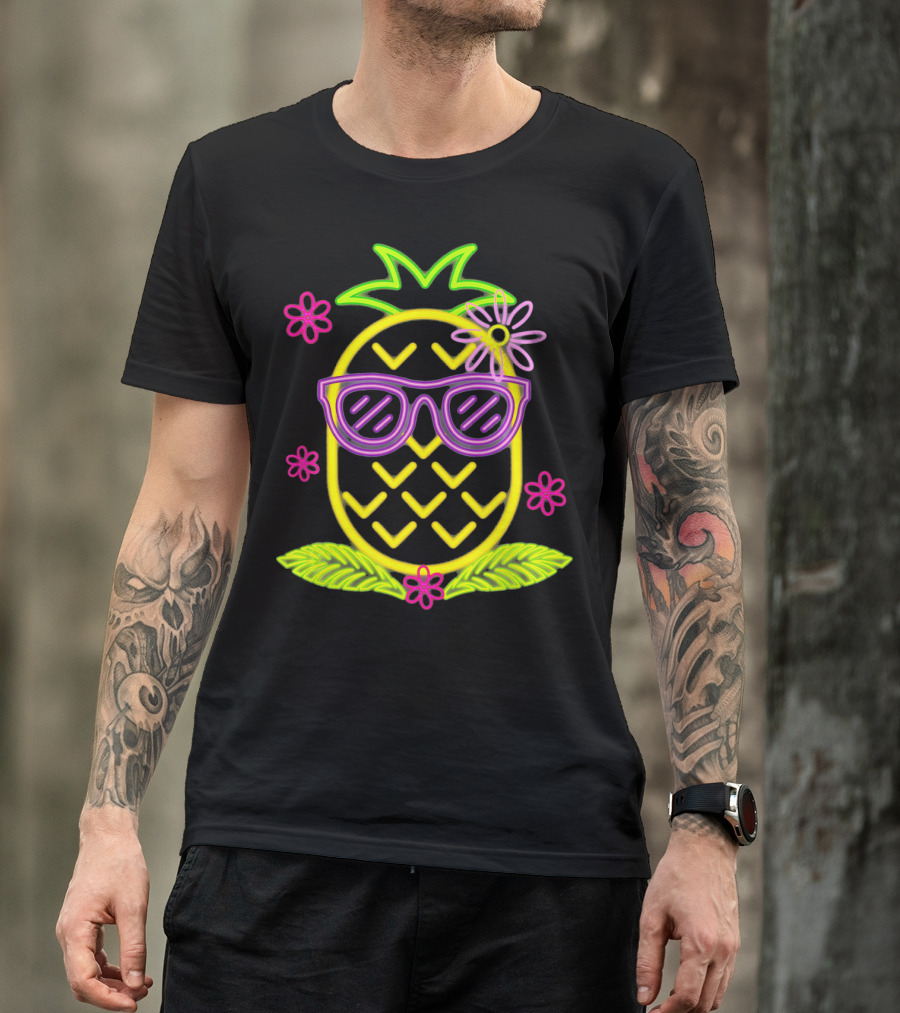 Neon Pineapple With Sunglasses And Flowers Luau Party Vibes T-Shirt