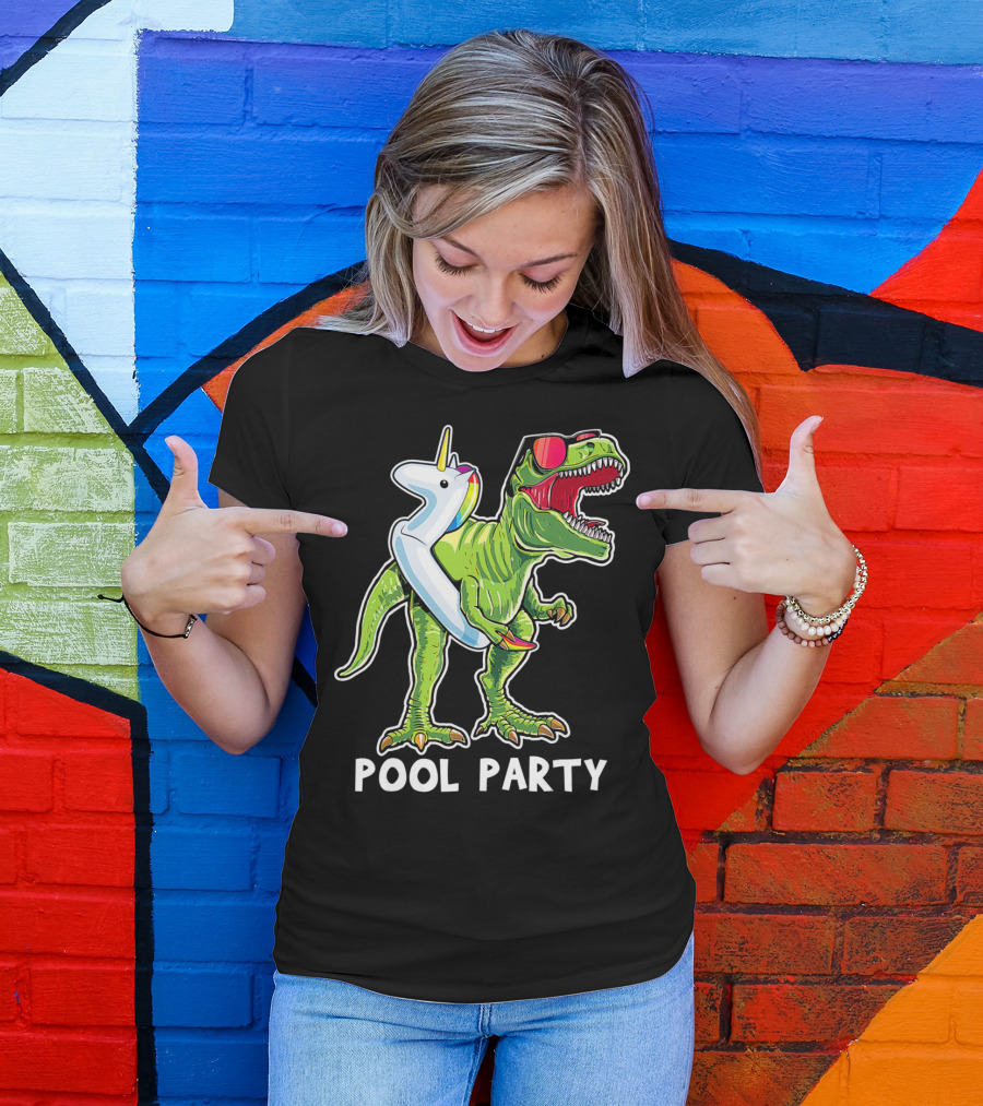 Pool Party Rex Dinosaur With Unicorn Float And Sunglasses T-Shirt