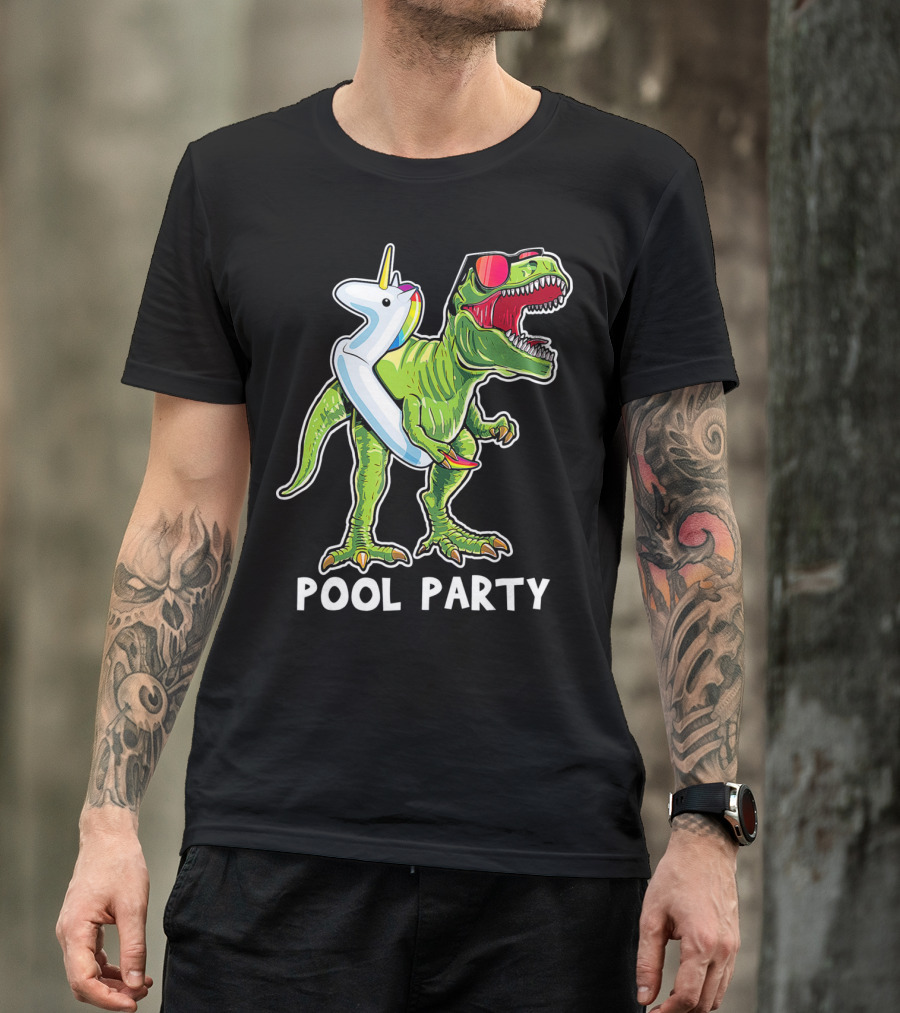 Pool Party Rex Dinosaur With Unicorn Float And Sunglasses T-Shirt