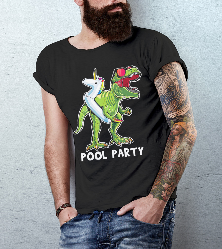 Pool Party Rex Dinosaur With Unicorn Float And Sunglasses T-Shirt