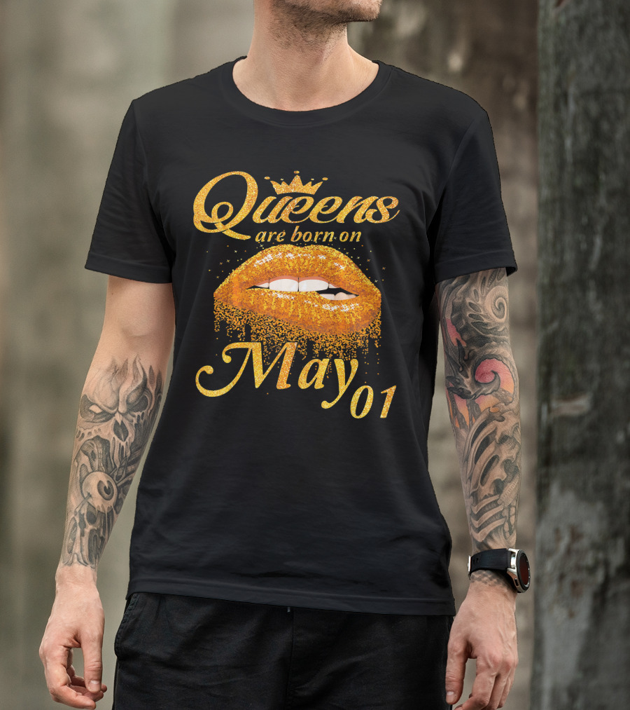 Queens Are Born On May 01 Gold Lips Crown Sparkle T-Shirt
