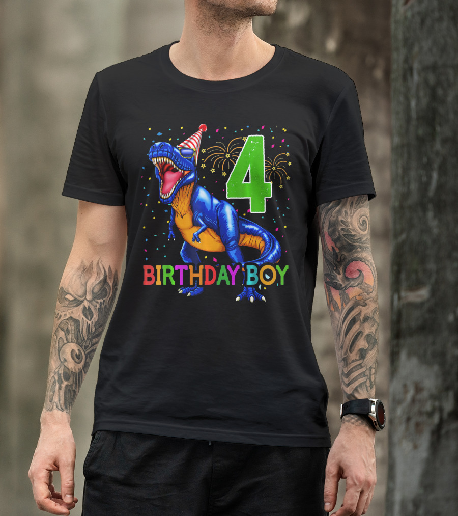Birthday Boy 4 Dinosaur Party Hat Fireworks T-Shirt