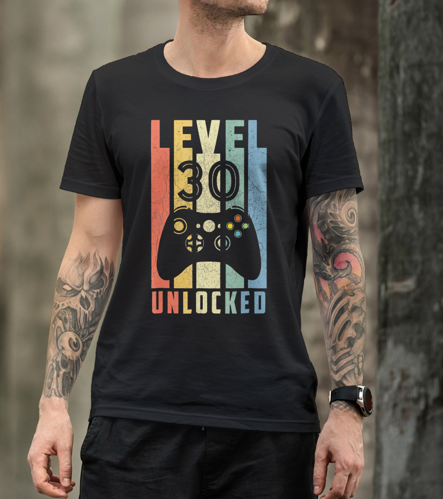 Level 30 Unlocked Video Game Controller Retro Stripes T-Shirt
