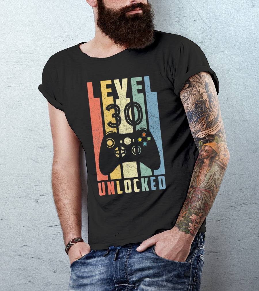 Level 30 Unlocked Video Game Controller Retro Stripes T-Shirt