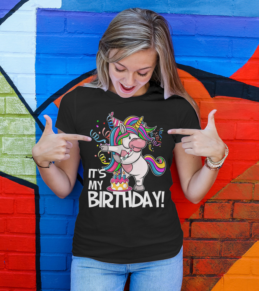 IT'S MY BIRTHDAY Flossing Unicorn Party With Cake And Confetti T-Shirt