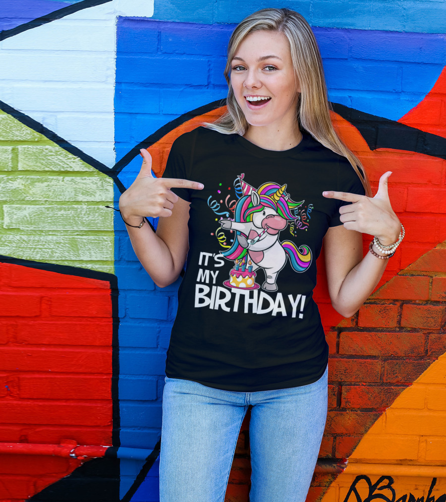 IT'S MY BIRTHDAY Flossing Unicorn Party With Cake And Confetti T-Shirt