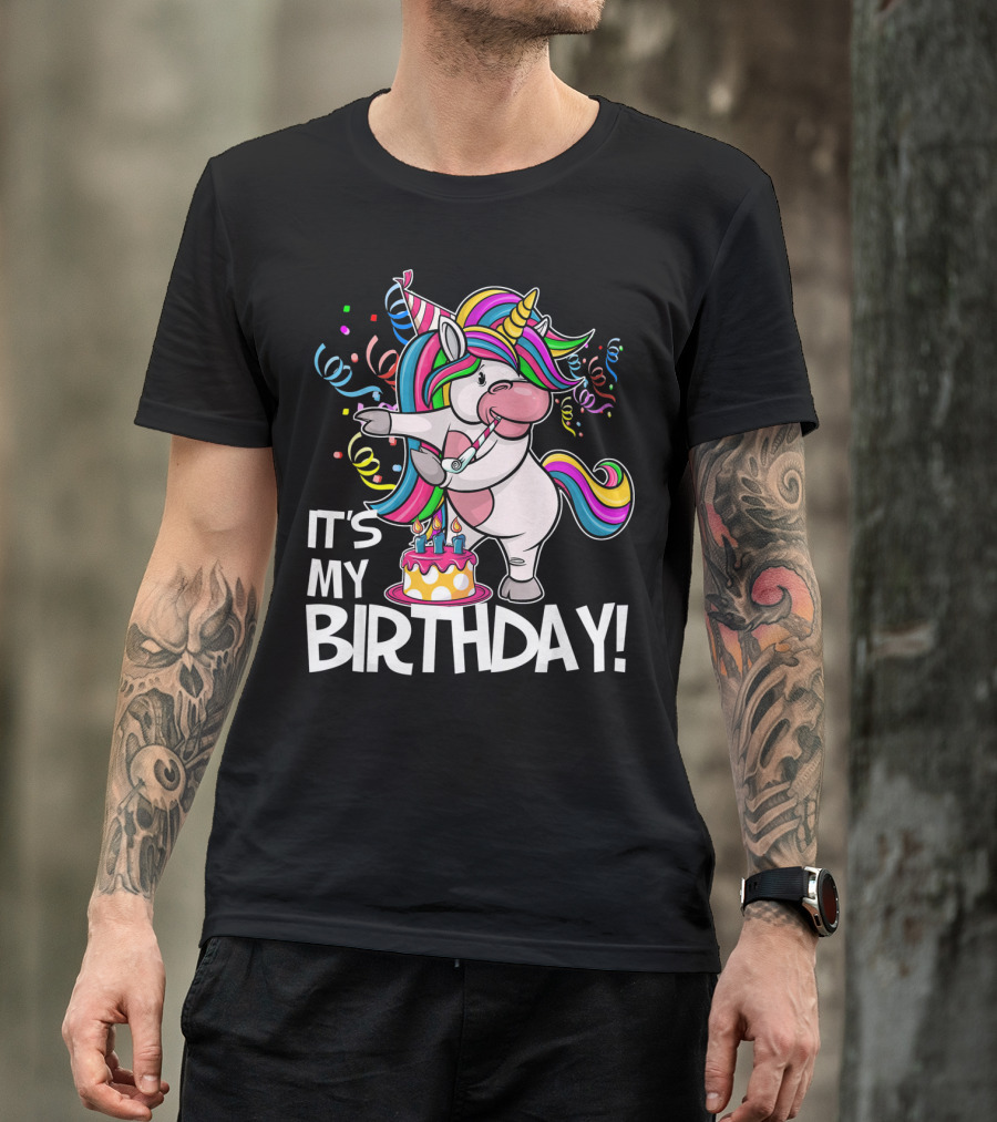 IT'S MY BIRTHDAY Flossing Unicorn Party With Cake And Confetti T-Shirt