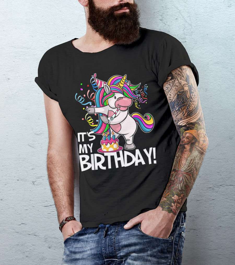 IT'S MY BIRTHDAY Flossing Unicorn Party With Cake And Confetti T-Shirt