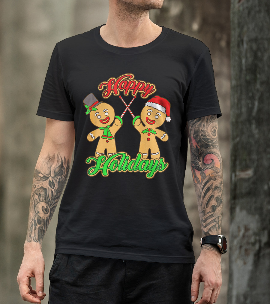 Happy Holidays Gingerbread Men Fencing With Candy Canes T-Shirt
