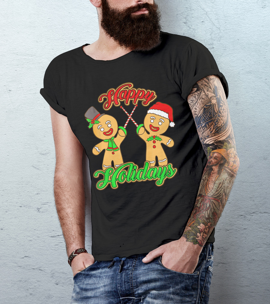 Happy Holidays Gingerbread Men Fencing With Candy Canes T-Shirt