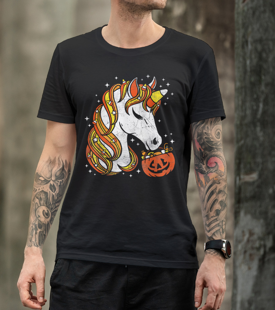 Candy Corn Unicorn With Jack-O'-Lantern Stars Halloween Top T-Shirt