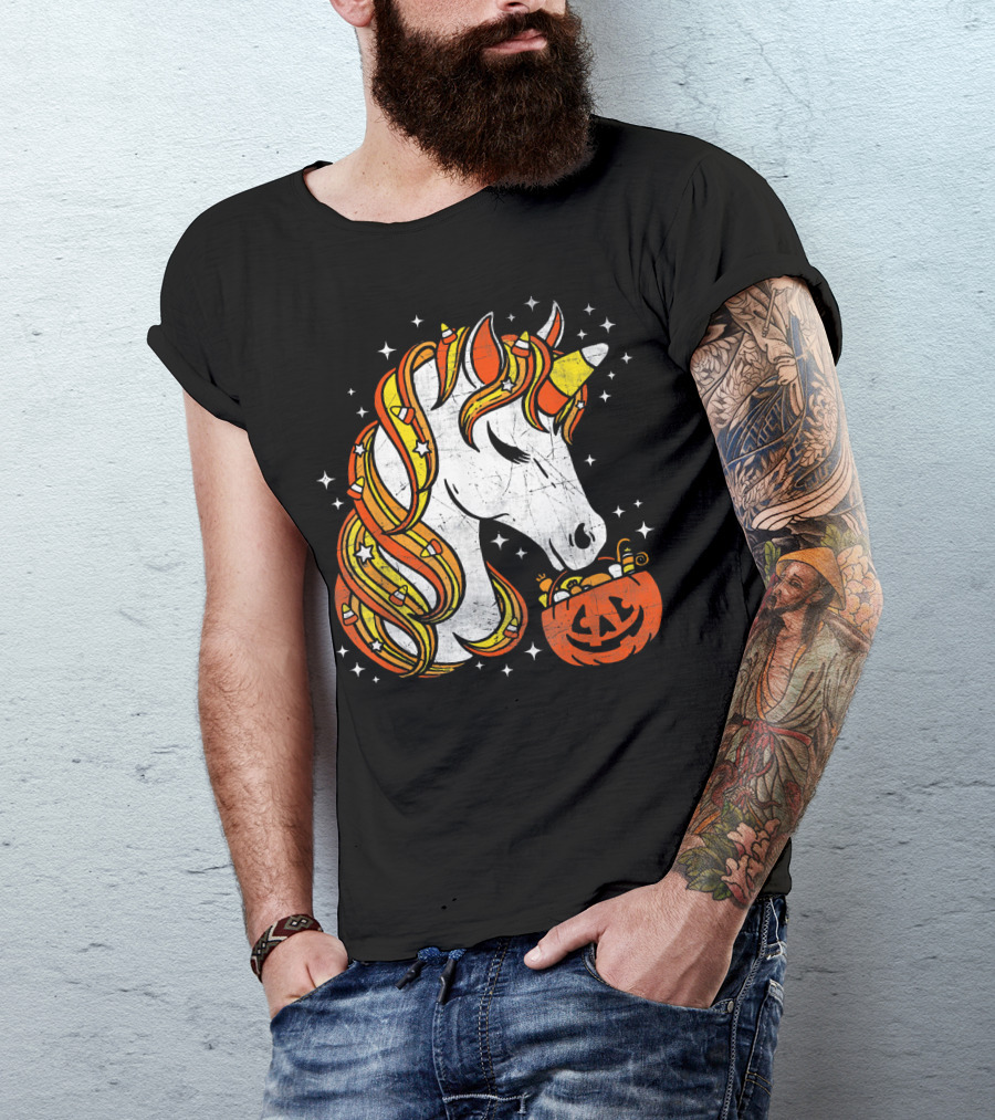 Candy Corn Unicorn With Jack-O'-Lantern Stars Halloween Top T-Shirt