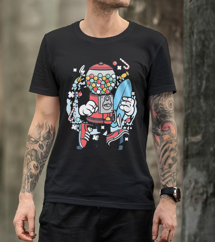 Cartoon Candy Machine With Surfboard And Sneakers Adventure T-Shirt