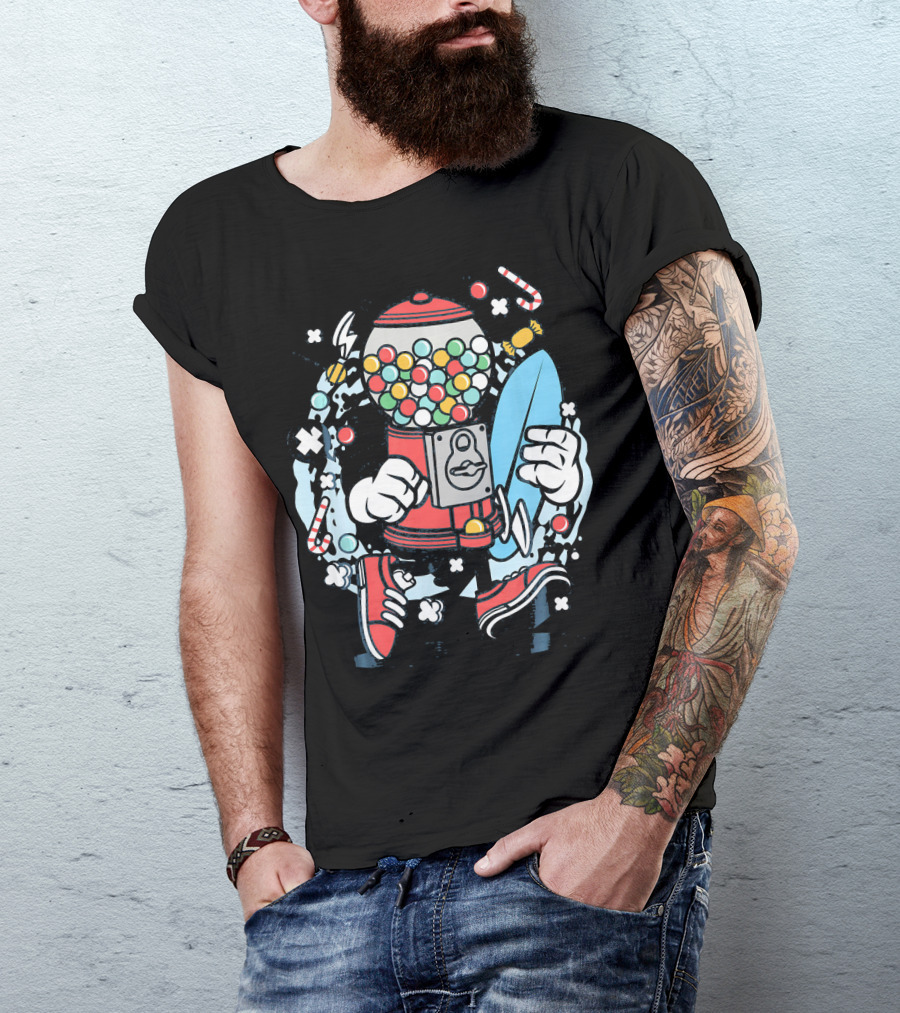 Cartoon Candy Machine With Surfboard And Sneakers Adventure T-Shirt