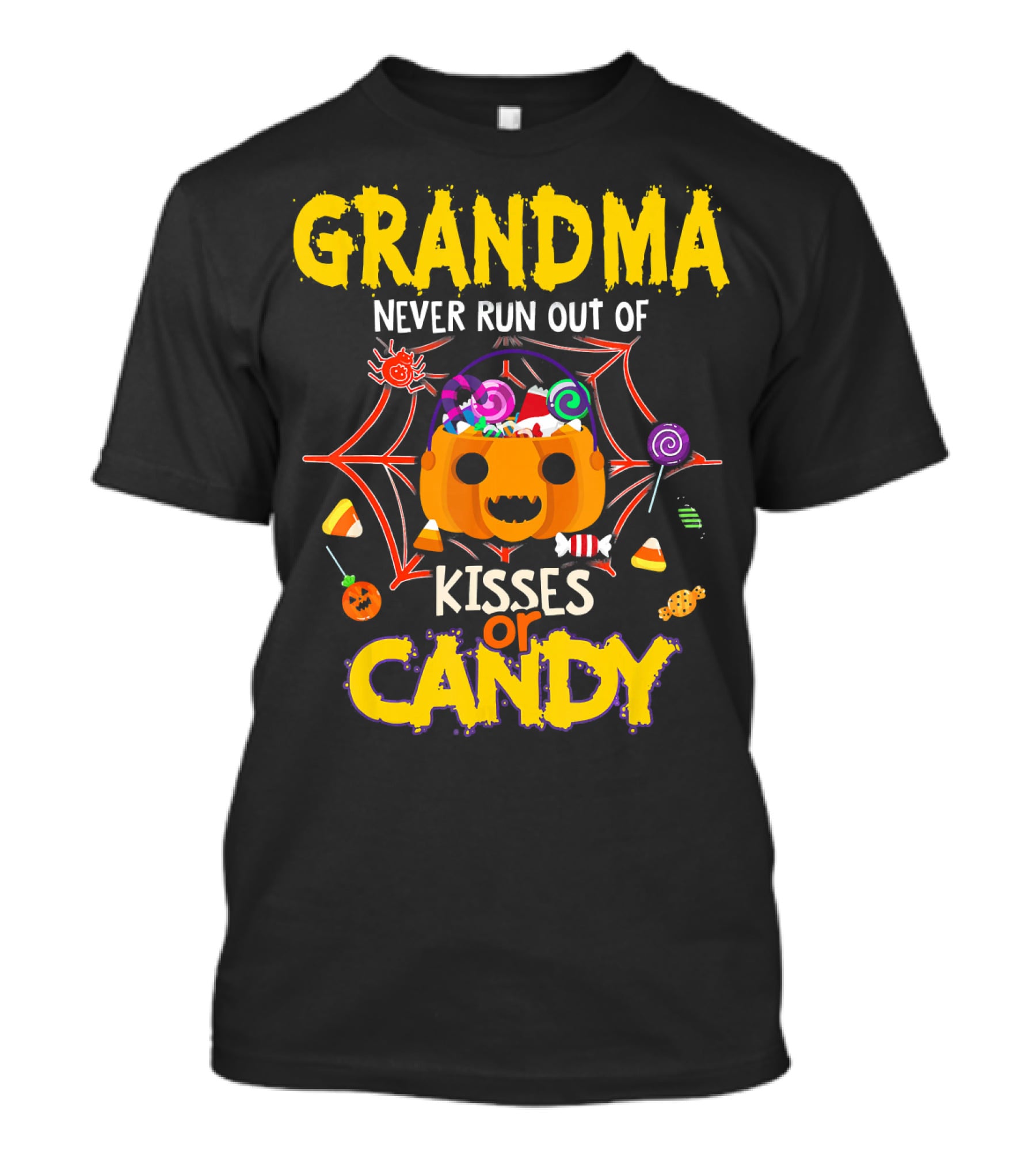Grandma Never Run Out Of Kisses Or Candy Halloween Pumpkin Spiderweb Treats T-Shirt