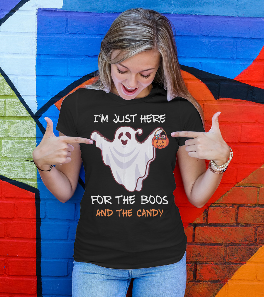 I'm Just Here For The Boos Ghost Holding Pumpkin Candy T-Shirt