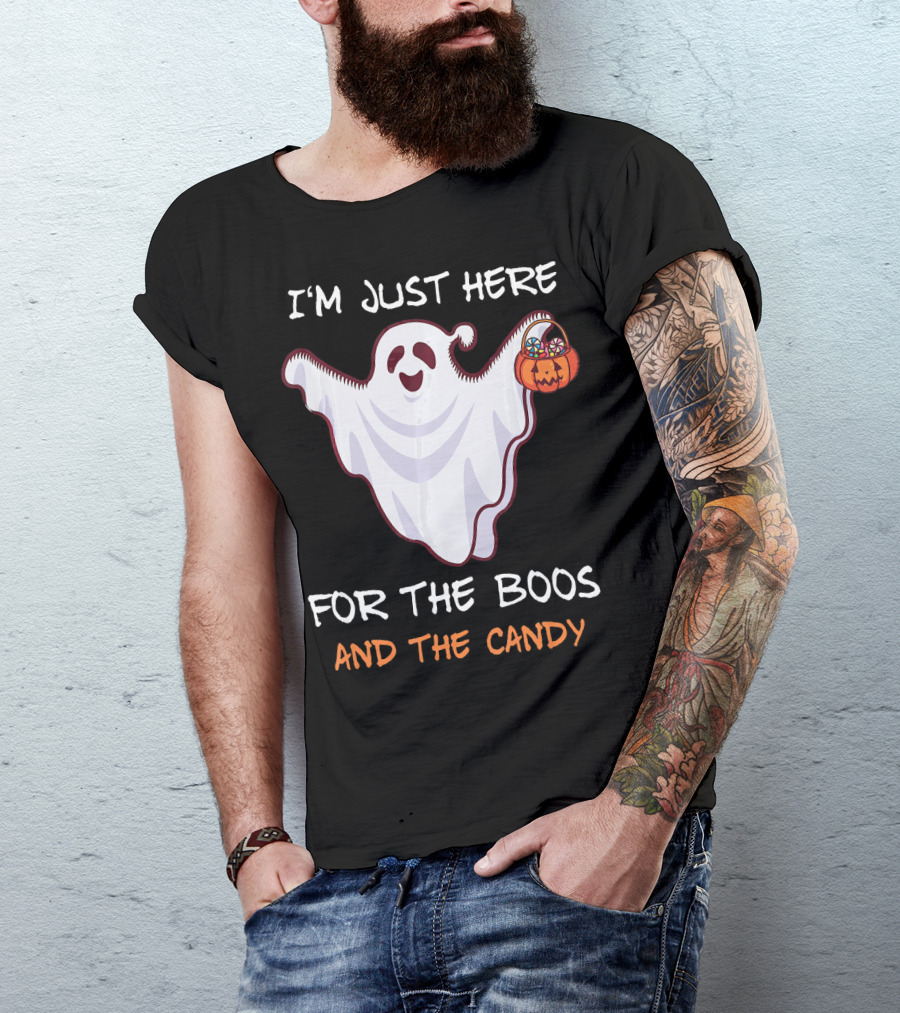 I'm Just Here For The Boos Ghost Holding Pumpkin Candy T-Shirt