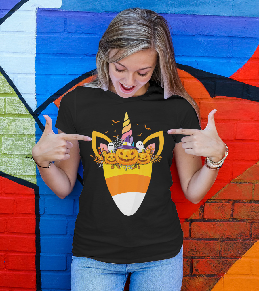 Unicorn Candy Corn Pumpkin Ghost Halloween Boo T-Shirt