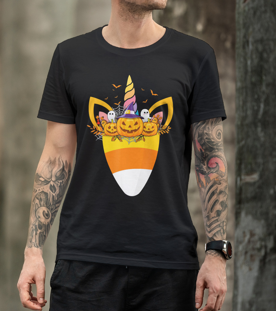 Unicorn Candy Corn Pumpkin Ghost Halloween Boo T-Shirt