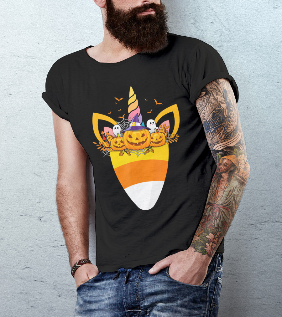 Unicorn Candy Corn Pumpkin Ghost Halloween Boo T-Shirt