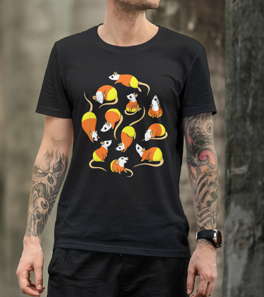 Candy Corn Rats Pattern Halloween-Themed T-Shirt