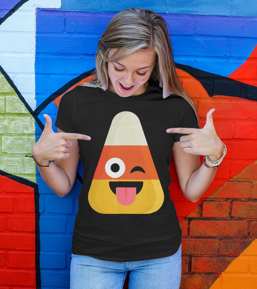 Candy Corn Emoji Wink Tongue Out Face T-Shirt