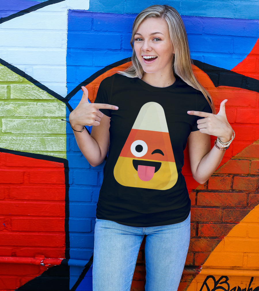 Candy Corn Emoji Wink Tongue Out Face T-Shirt
