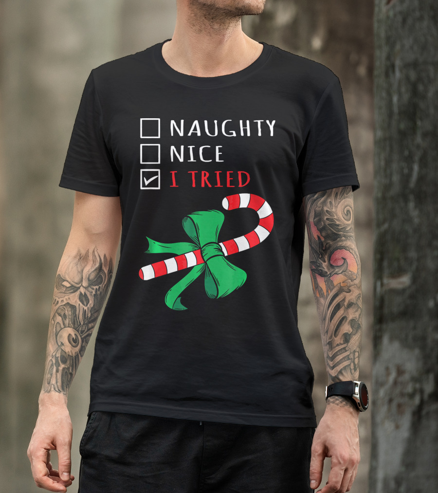 Naughty Nice I Tried Candy Cane Bow T-Shirt