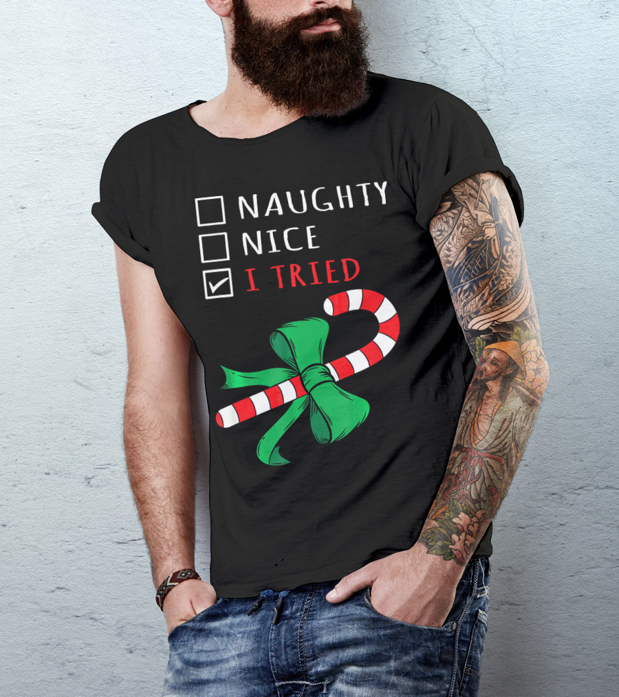 Naughty Nice I Tried Candy Cane Bow T-Shirt