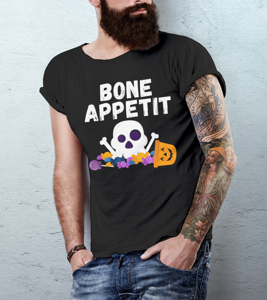 Bone Appetit Funny Skull Halloween Candy Pumpkin Chef Pun T-Shirt