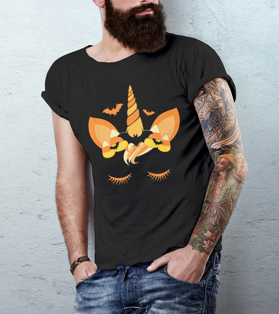 Halloween Unicorn Candy Corn Bat Ears Eyelashes T-Shirt