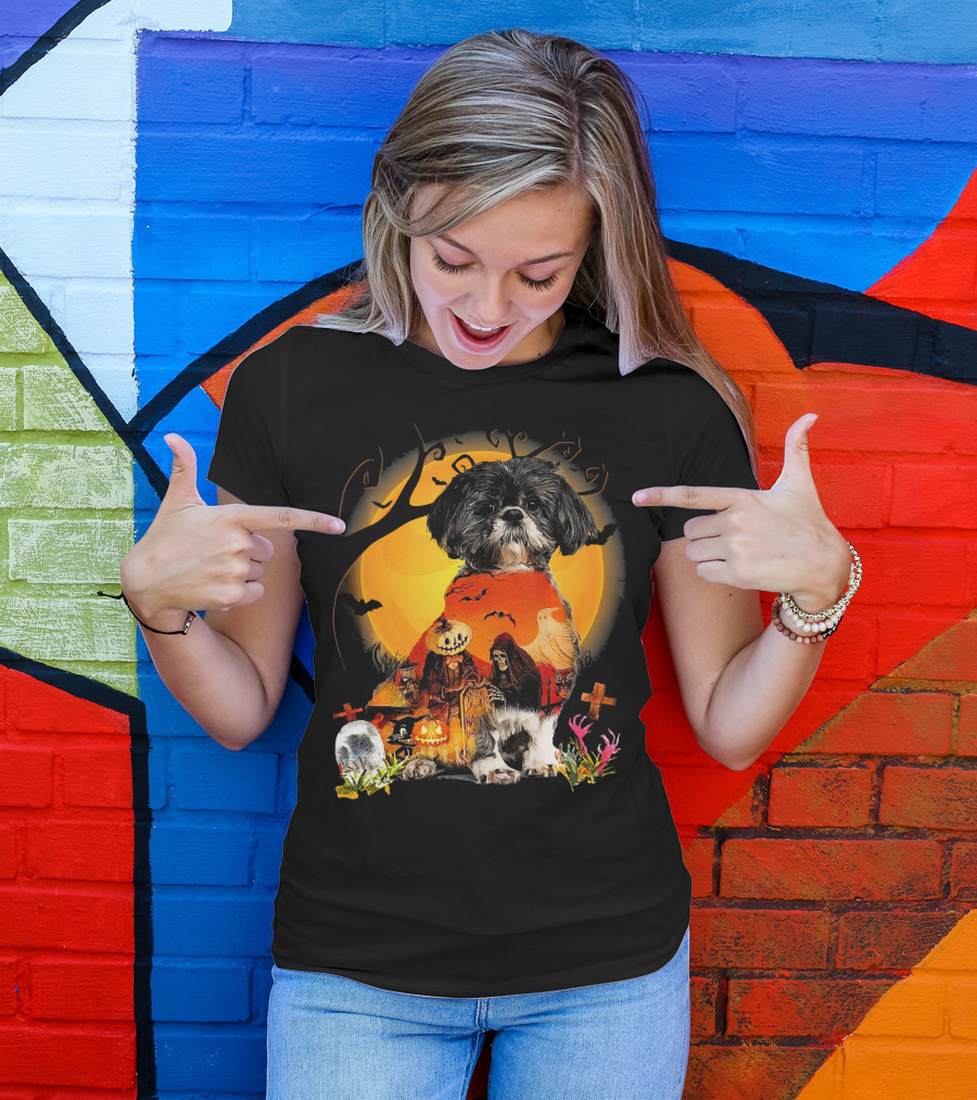 Shih Tzu Halloween Night With Pumpkins, Ghosts, And Full Moon T-Shirt